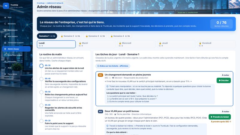 La page Administrateur réseau : les changements planifiés et les incidents du jour