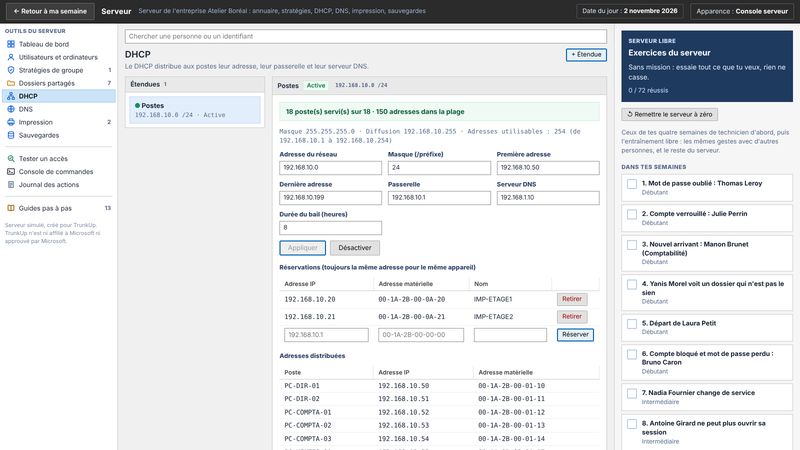 Le serveur d'entreprise simulé, ouvert sur la page DHCP